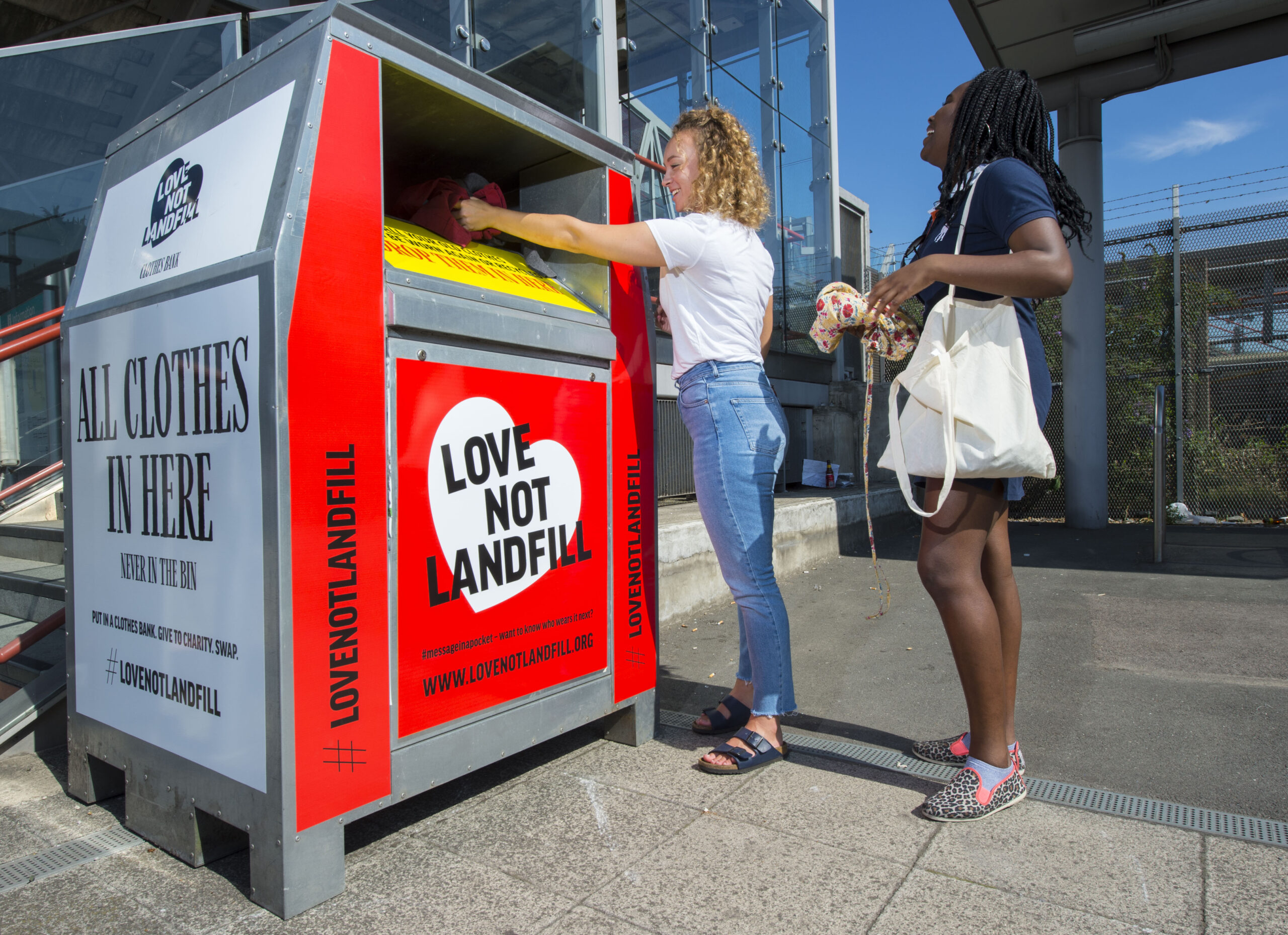 A Love Not Landfill clothes recycling bin in London. Credit: Lucy Young 2018