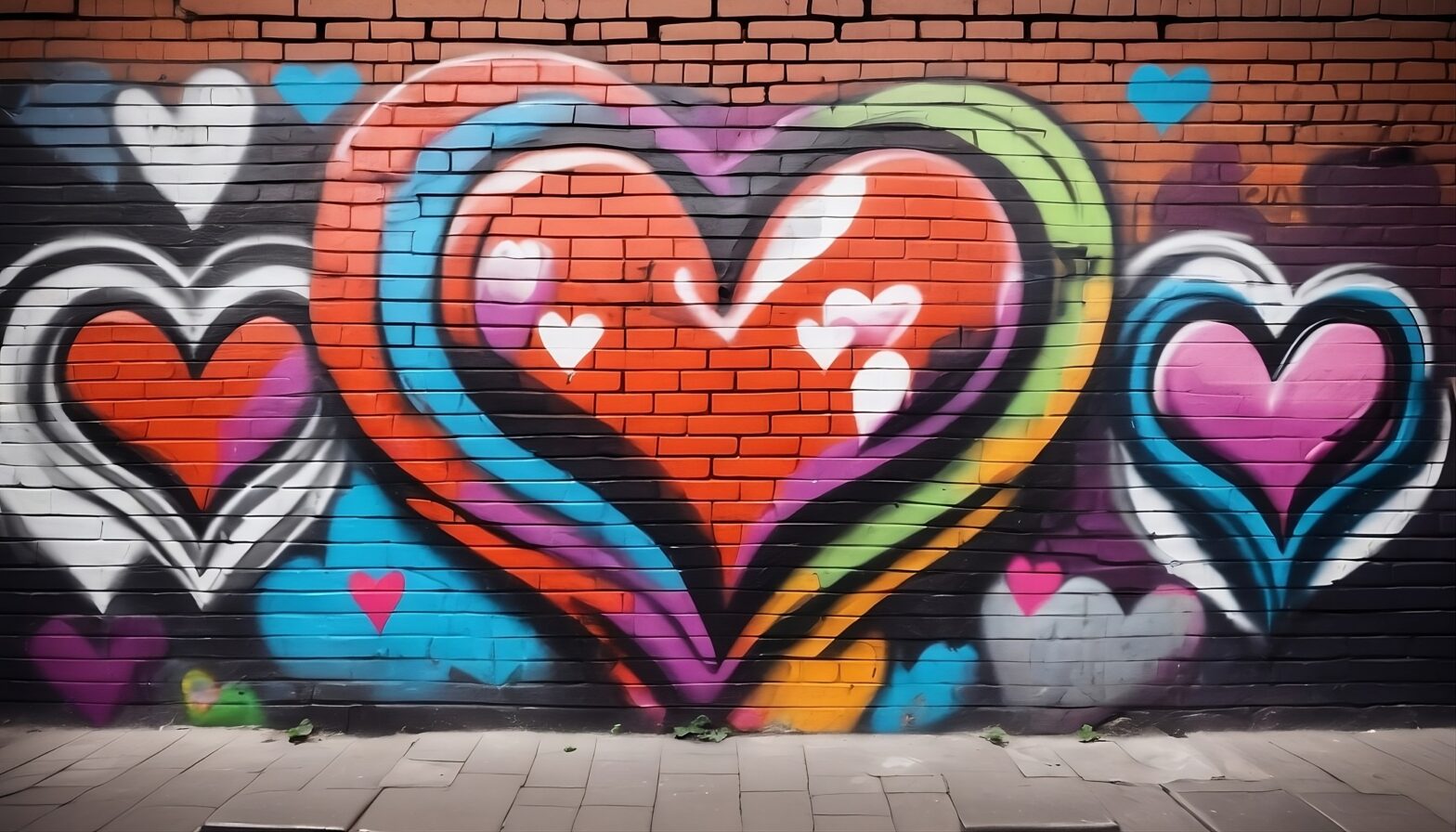 An image of a brick wall with hearts graffitied on it, representing community and togetherness.