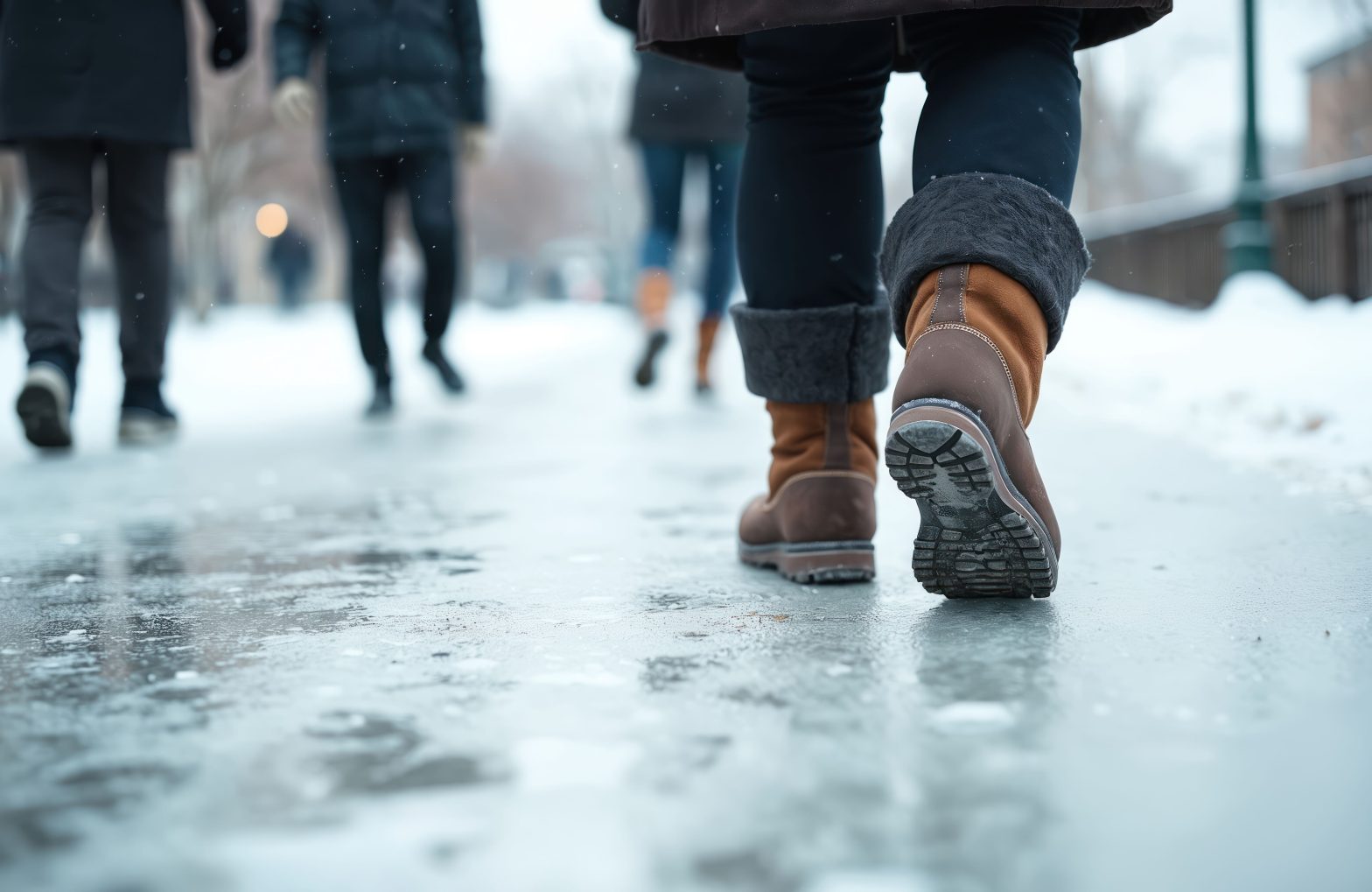 Pedestrians walk on icy pavement
