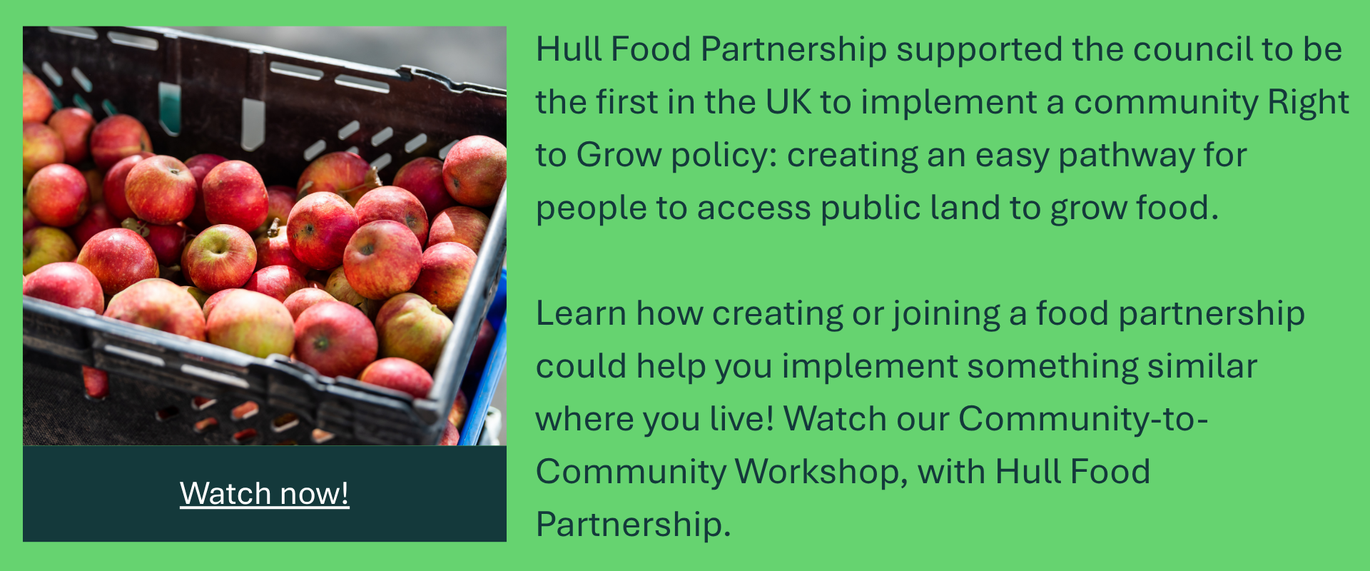 Promotional banner for the recording of Space to Grow: Community-to-Community Workshop, with Hull Food Partnership.
Text reads: Hull Food Partnership supported the council to be the first in the UK to implement a community Right to Grow policy: creating an easy pathway for people to access public land to grow food.

Learn how creating or joining a food partnership could help you implement something similar where you live! Watch our Community-to-Community Workshop, with Hull Food Partnership. Watch now!